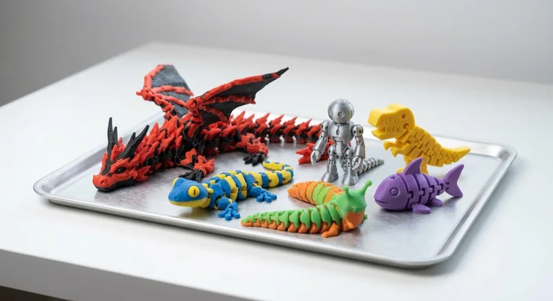 Bandeja com peças articuladas impressas em 3D: dragão vermelho e preto, robô prateado, tiranossauro amarelo, lagartixa, lagarta e peixe