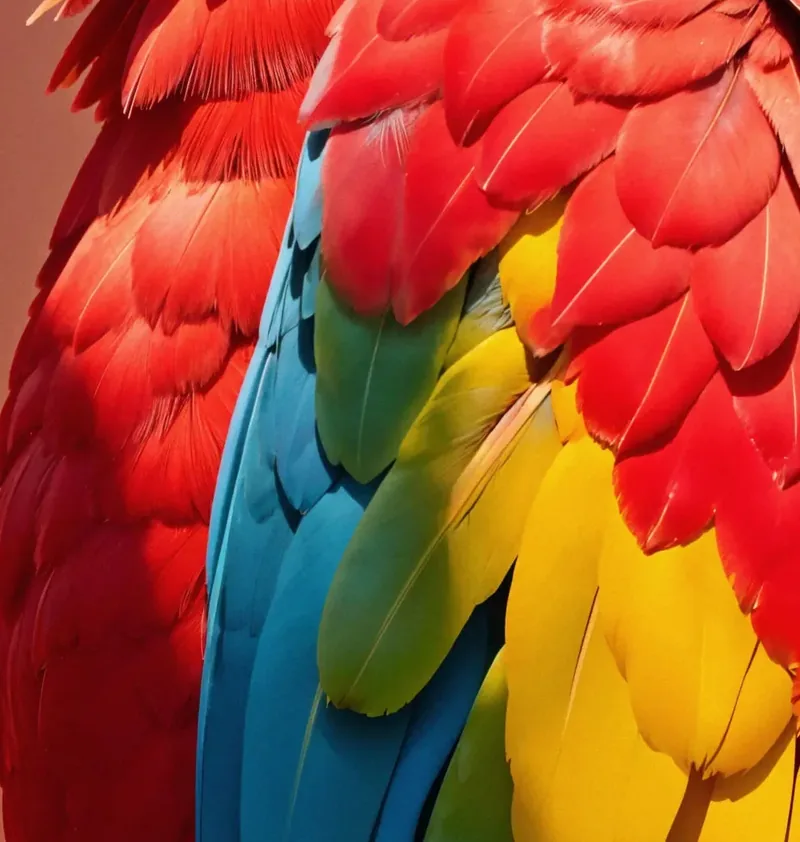Detalhe de uma estampa colorida de arara, mostrando a definição