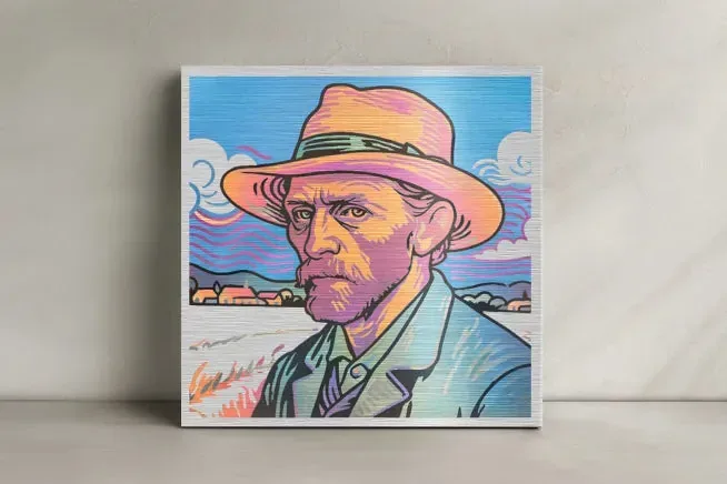 Placa de metal com um retrato colorido gravado a laser, sem tinta