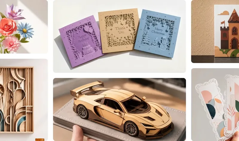 Flores de papel, cartões rendados e maquete de madeira cortados a laser