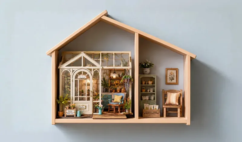 Casa em miniatura montada com peças de madeira cortadas a laser