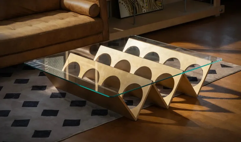 Mesa de centro de madeira cortada a laser, com tampo de vidro