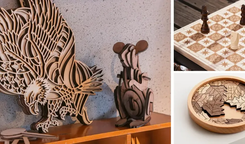 Peça de madeira com desenho gravado a laser